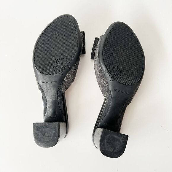 Vintage Y2K Louis Vuitton Monogram Logo Print Block Heel Mules Bow Slides - Picture 5 of 11